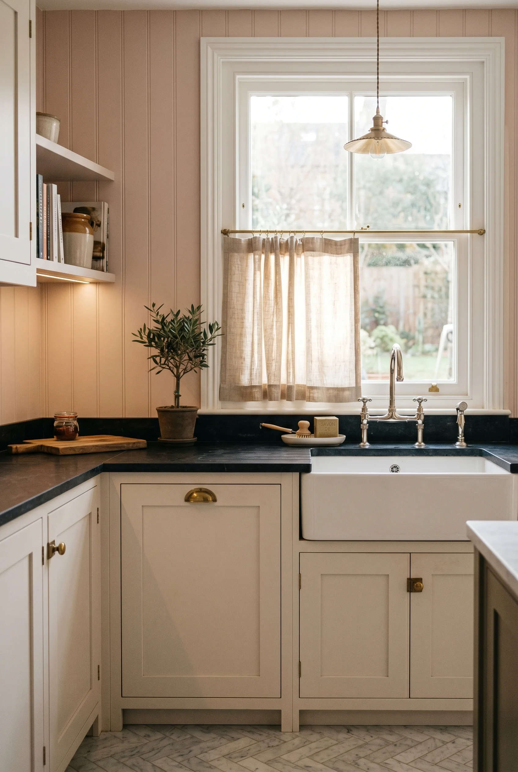 Victorian Kitchen featuring shaker cabinet against Setting Plaster walls
