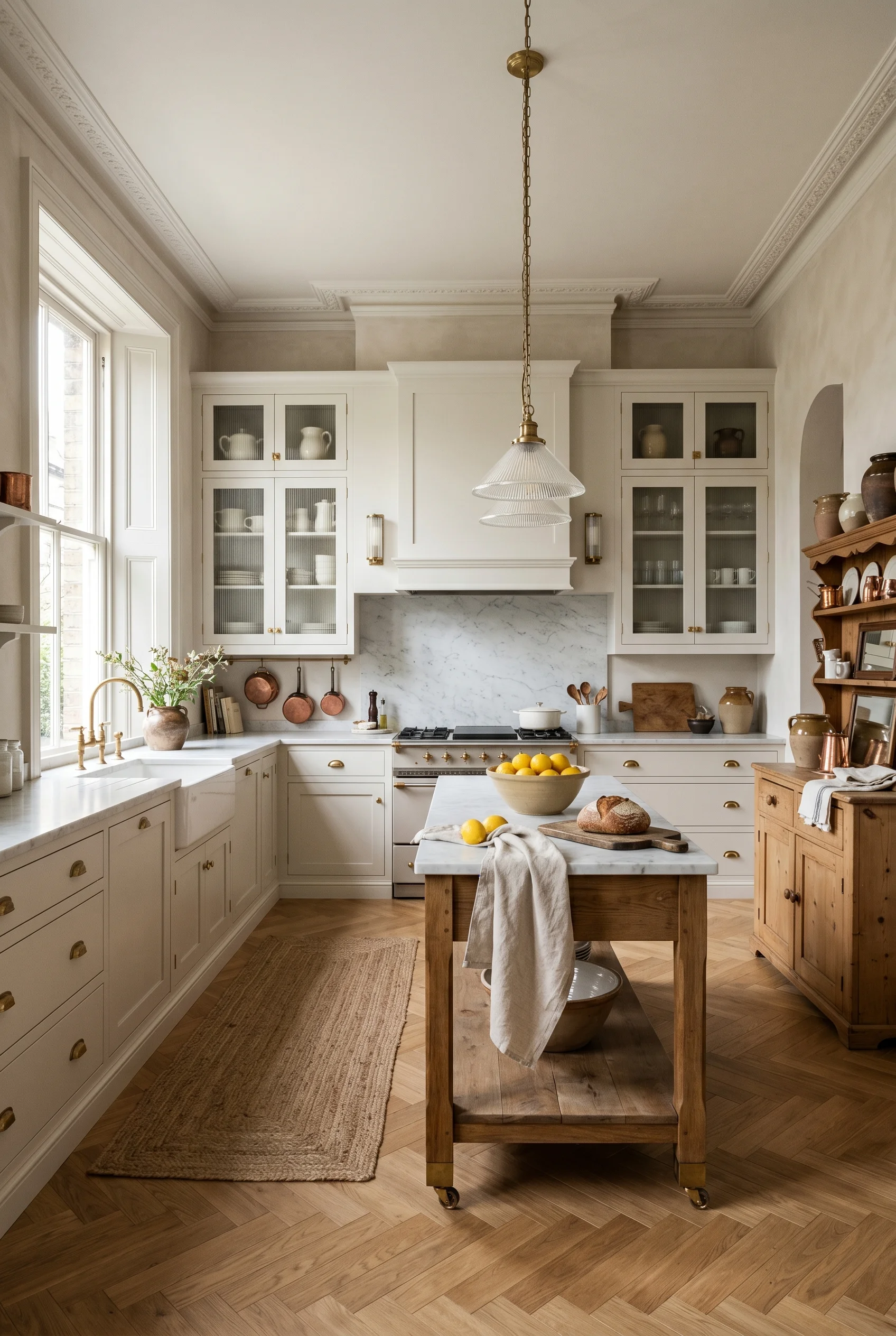 Victorian Kitchen featuring shaker cabinet with antique pine against Pointing walls