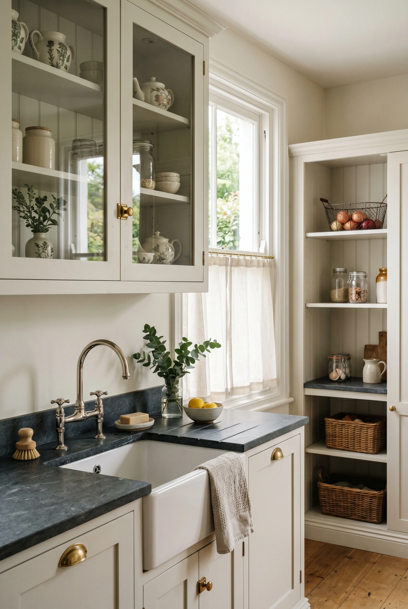 Victorian Kitchen featuring upper cabinet against Old White walls
