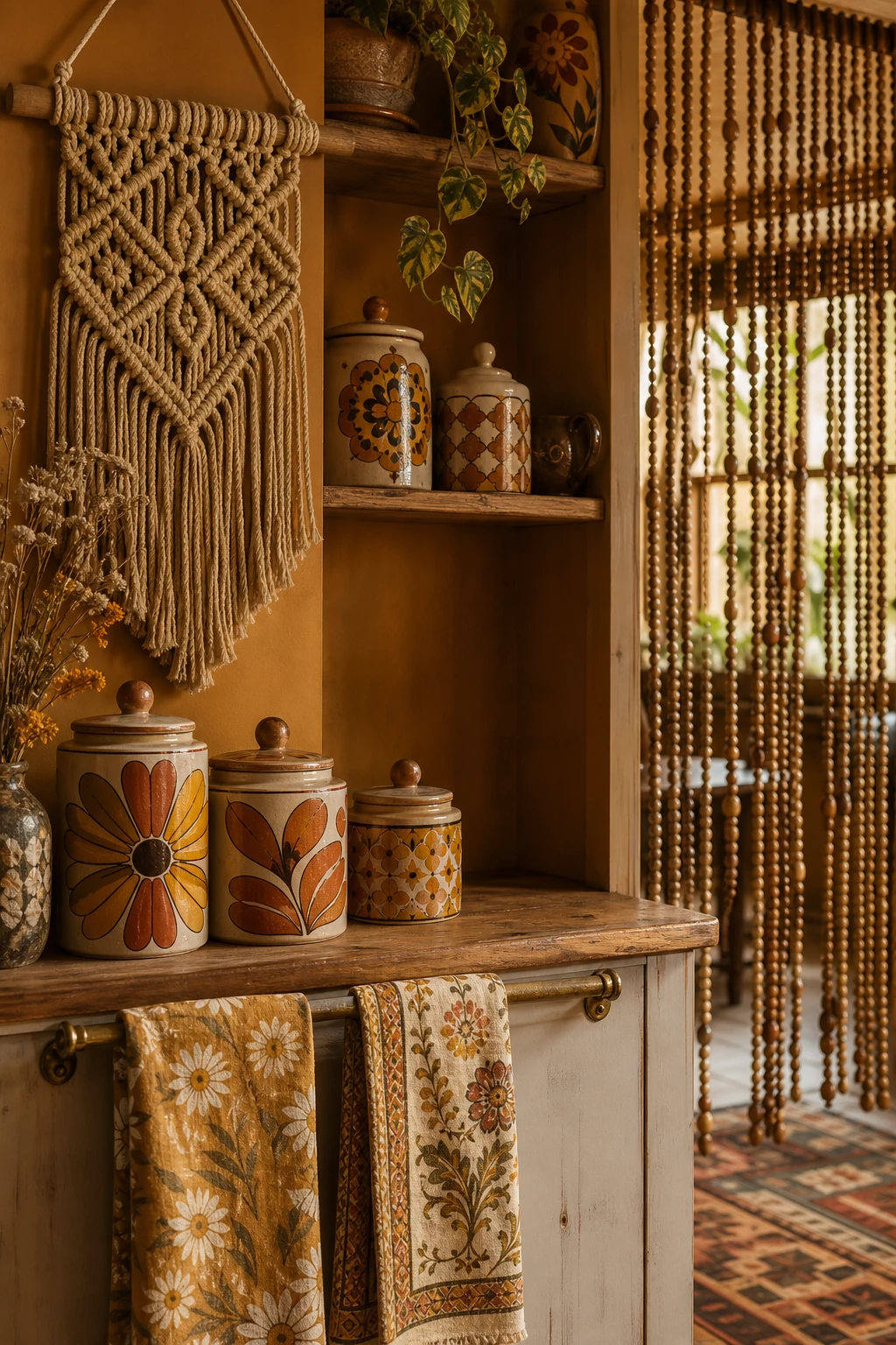 70s boho kitchen close up showing hippie retro details including macrame wall hanging, beaded curtain, ceramic canisters, and vintage printed textiles in warm earth tones