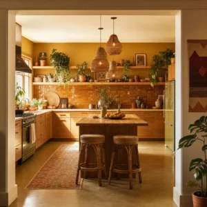 Full 70s boho kitchen with amber slab cabinets, butcher block countertops, terracotta zellige backsplash, rattan pendants, and open timber shelving in warm mid morning light.