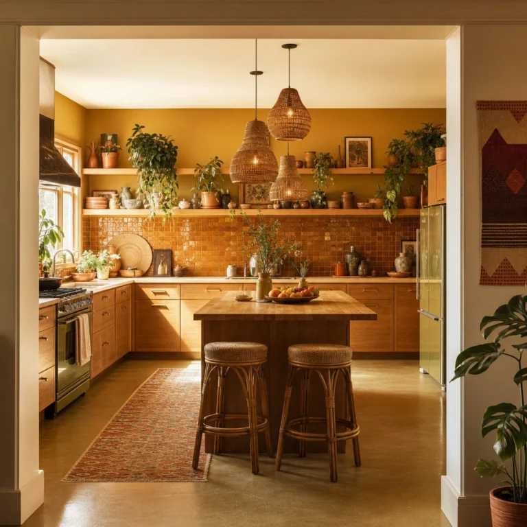 Full 70s boho kitchen with amber slab cabinets, butcher block countertops, terracotta zellige backsplash, rattan pendants, and open timber shelving in warm mid morning light.