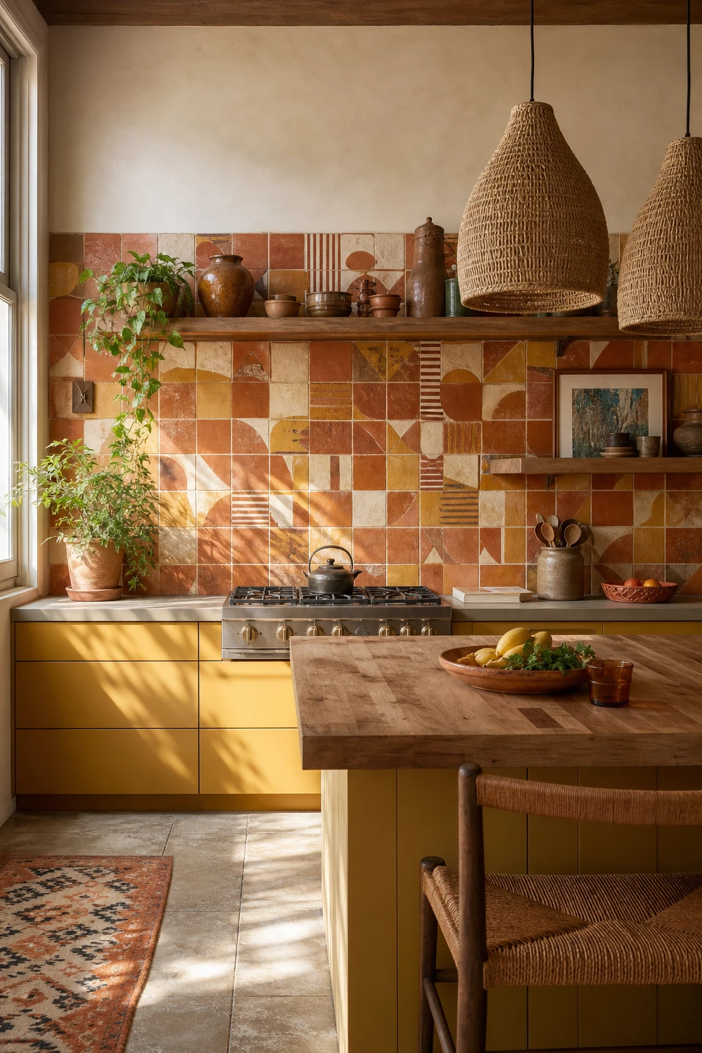 70s boho kitchen with a playful handmade tile backsplash as the hero, warm terracotta tones, simple flat front cabinets, and rattan pendants overhead
