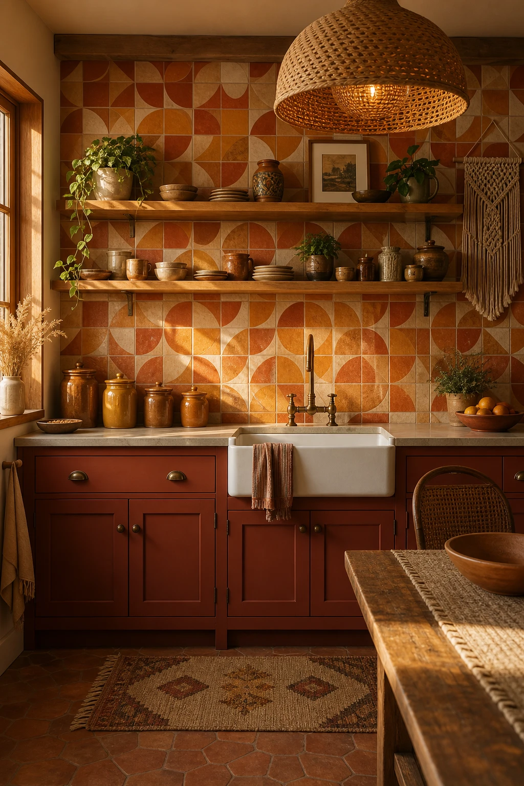 70s boho kitchen with a retro patterned tile backsplash as the hero feature, terracotta cabinetry, rattan pendant lights, and warm afternoon light