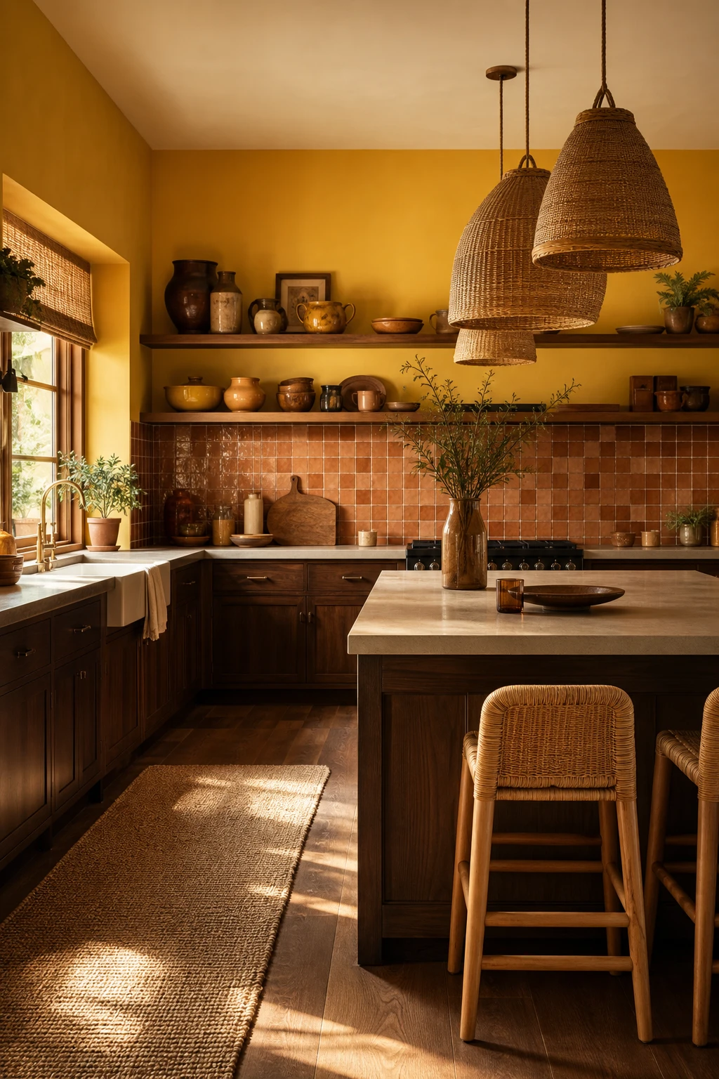 70s boho kitchen with brown and yellow as the hero, featuring India Yellow painted cabinets, terracotta tiles, rattan pendants, and warm afternoon light