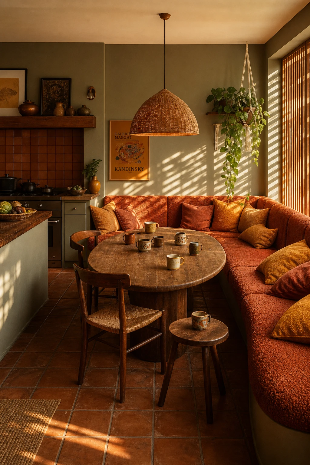 70s boho kitchen with built in corner banquette seating upholstered in burnt orange boucle, terracotta tile floor, rattan pendant, and Farrow and Ball Drab painted walls