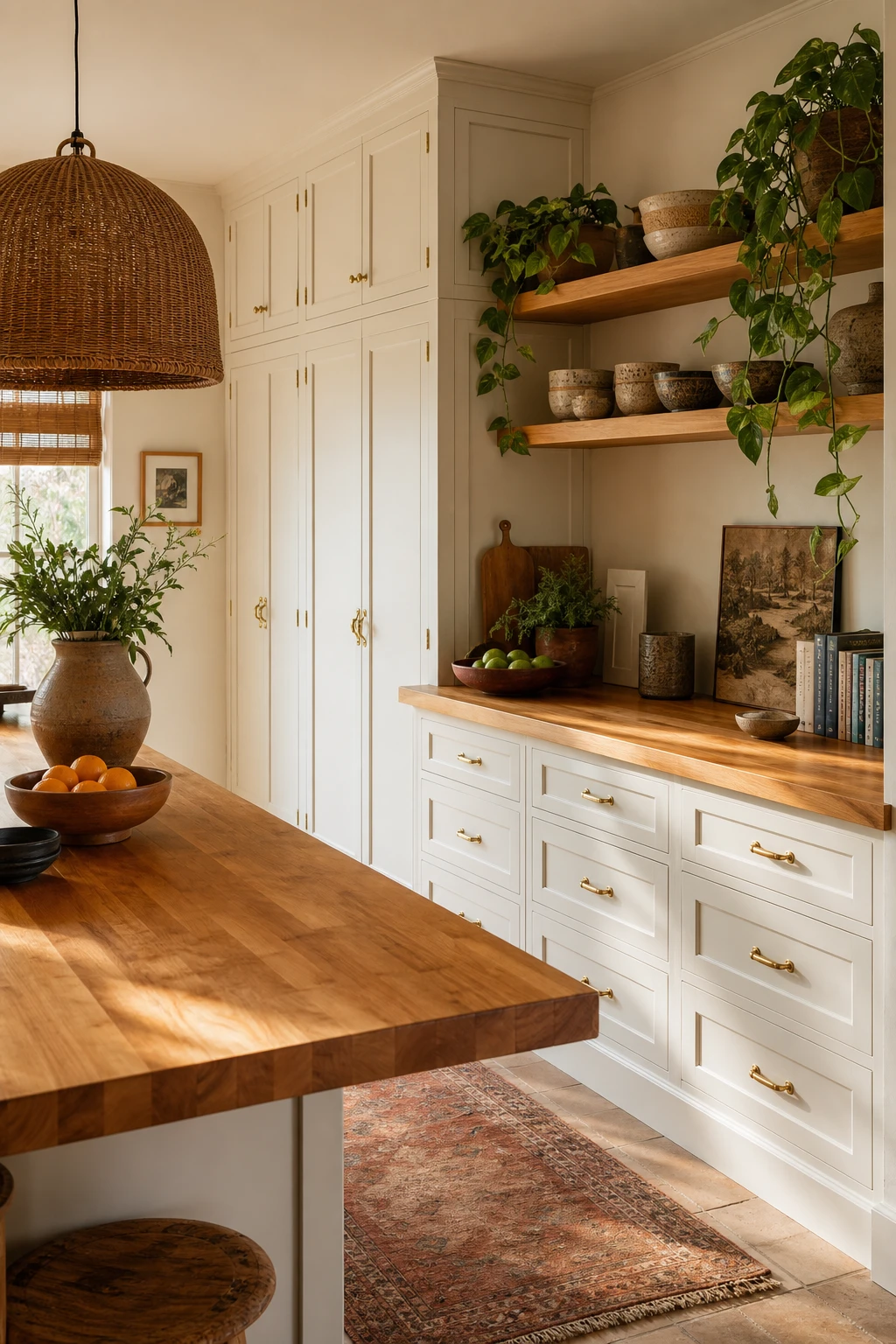 70s boho kitchen with butcher block countertops against white cabinets painted Farrow and Ball Pointing, warm natural light, rattan and ceramic details