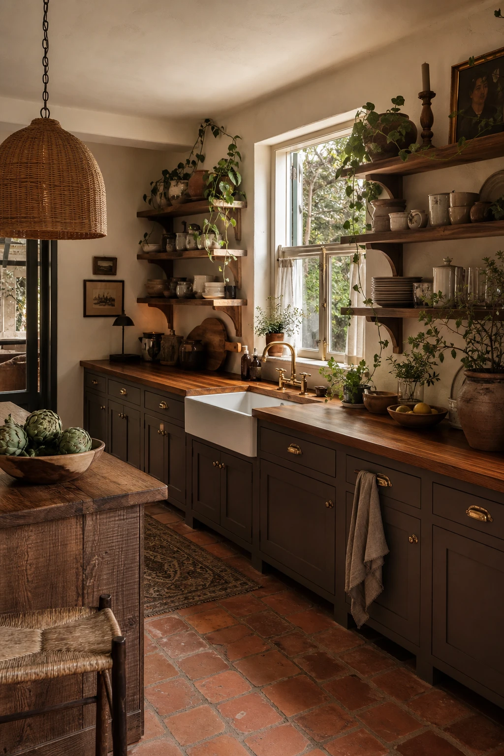 70s boho kitchen with butcher block wood countertops as the hero, terracotta tiles, rattan pendants, open shelving, and Farrow and Ball Tanners Brown painted lower cabinets