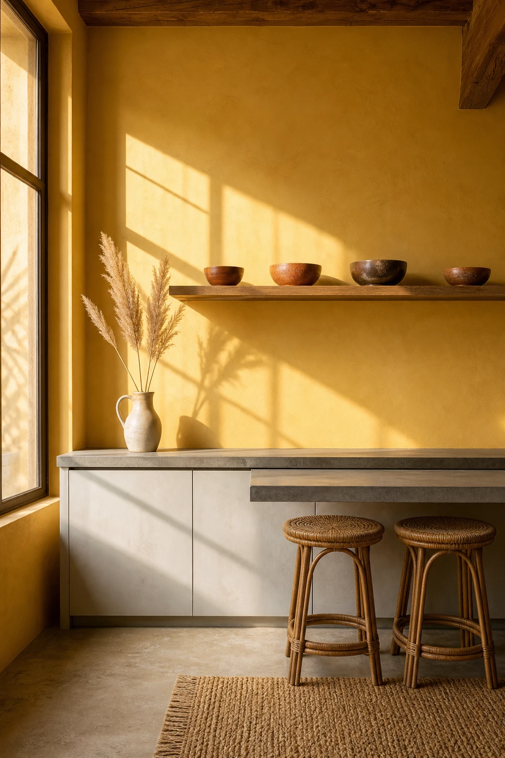 70s boho kitchen with colourful minimalism, Farrow and Ball Citrona yellow walls, spare open shelving, rattan stools and warm afternoon light