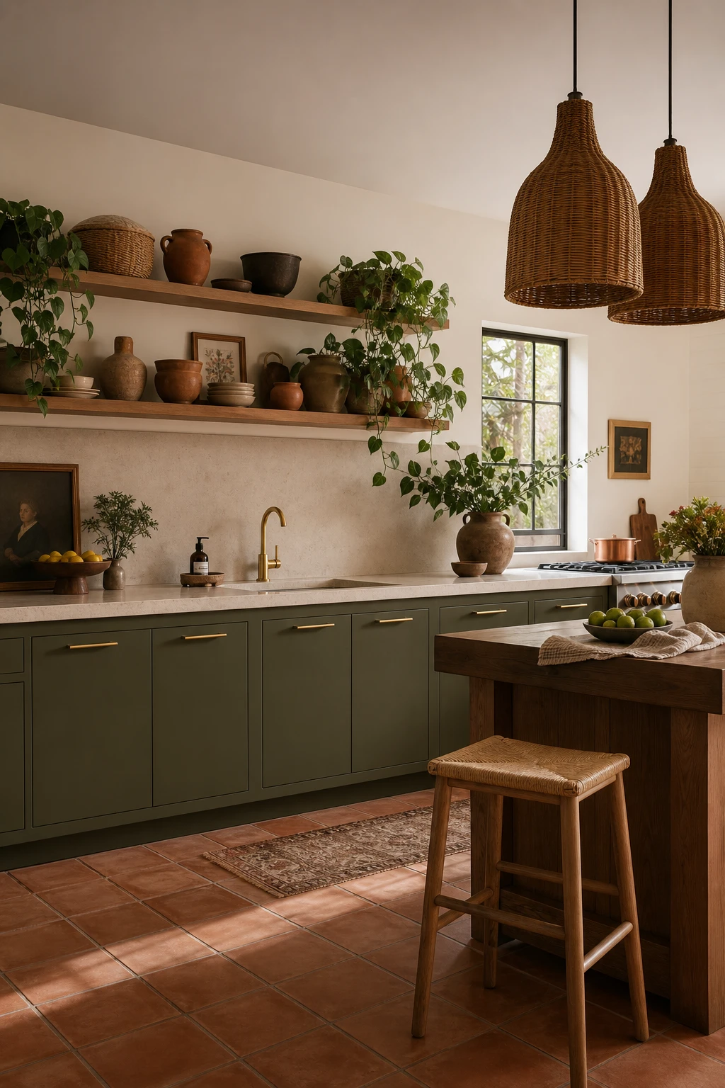 70s boho kitchen with dark olive lower cabinets, rattan pendant lights, terracotta tile floor, open shelving with ceramic vessels, and warm afternoon light