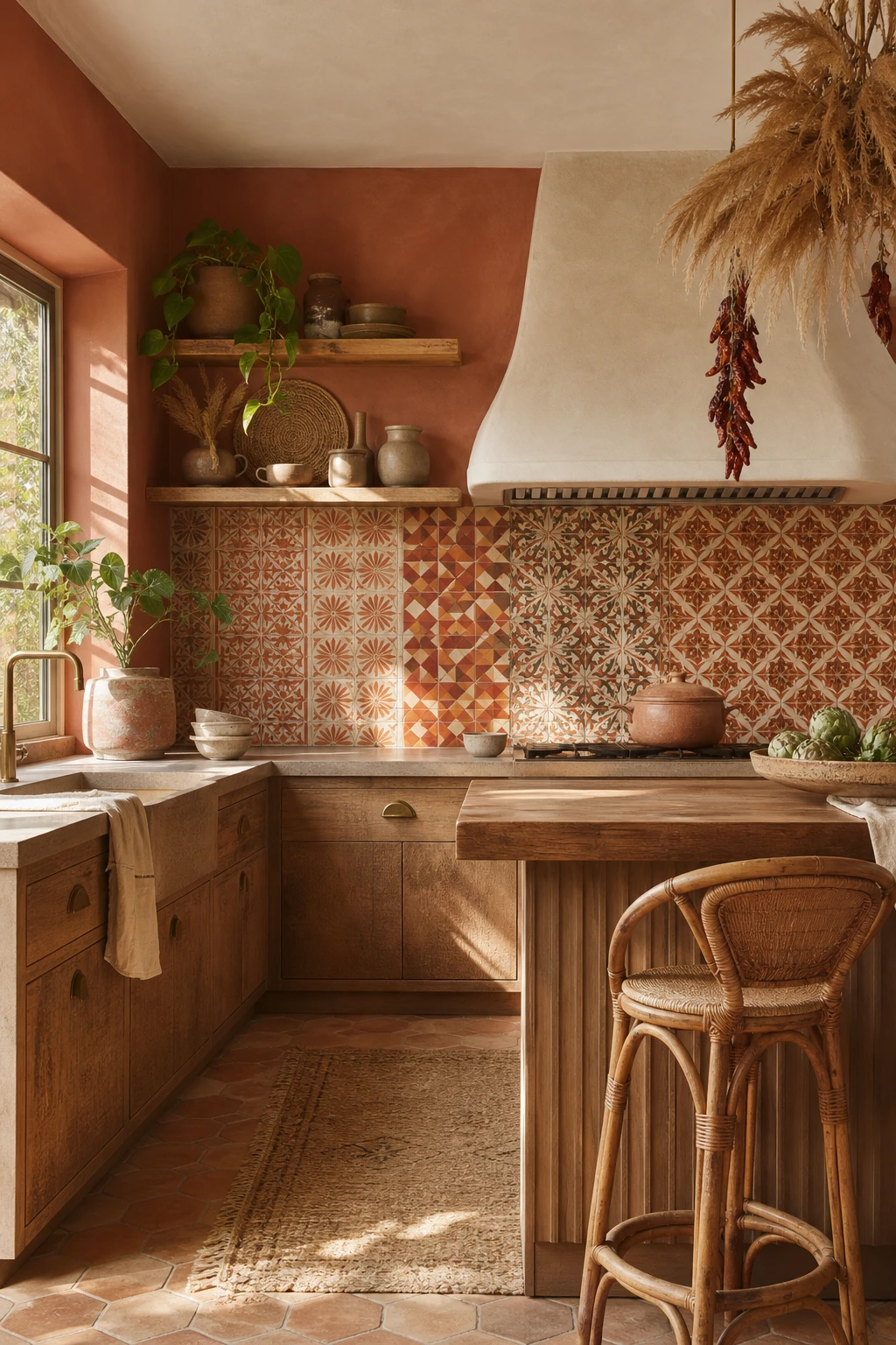 70s boho kitchen with eclectic mix and match patterned tiles in terracotta, rust and ochre tones covering the splashback and lower wall