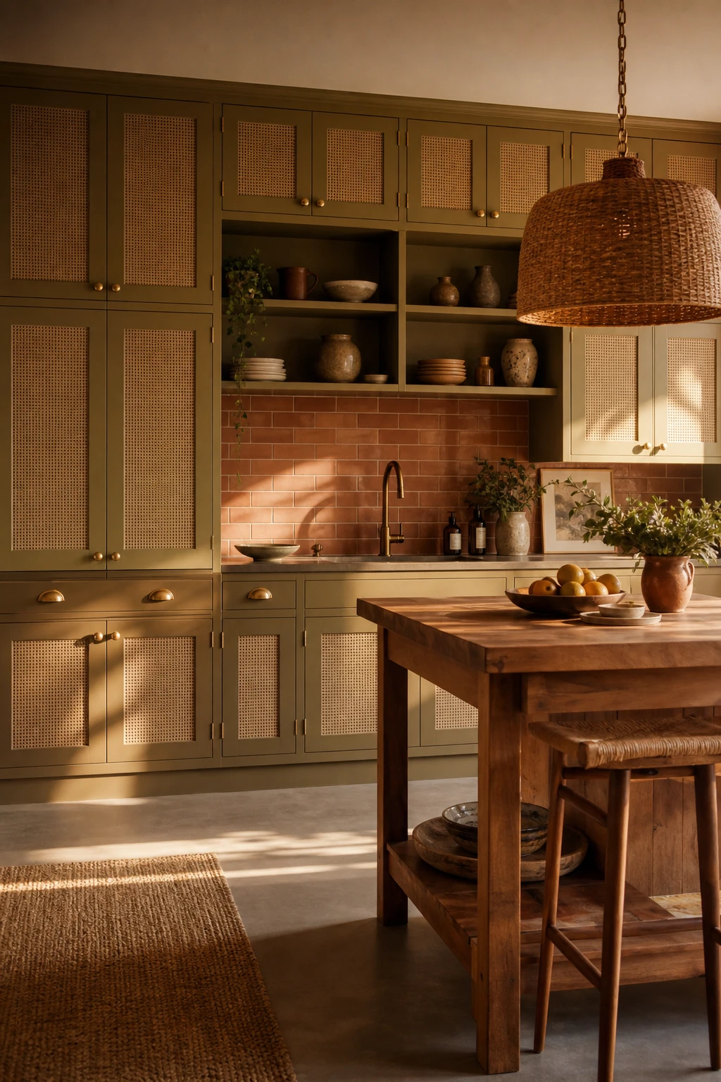 70s boho kitchen with flat panel cabinets in Farrow and Ball Cardamom paint, cane inset doors, brass hardware, terracotta tiles and rattan pendant light
