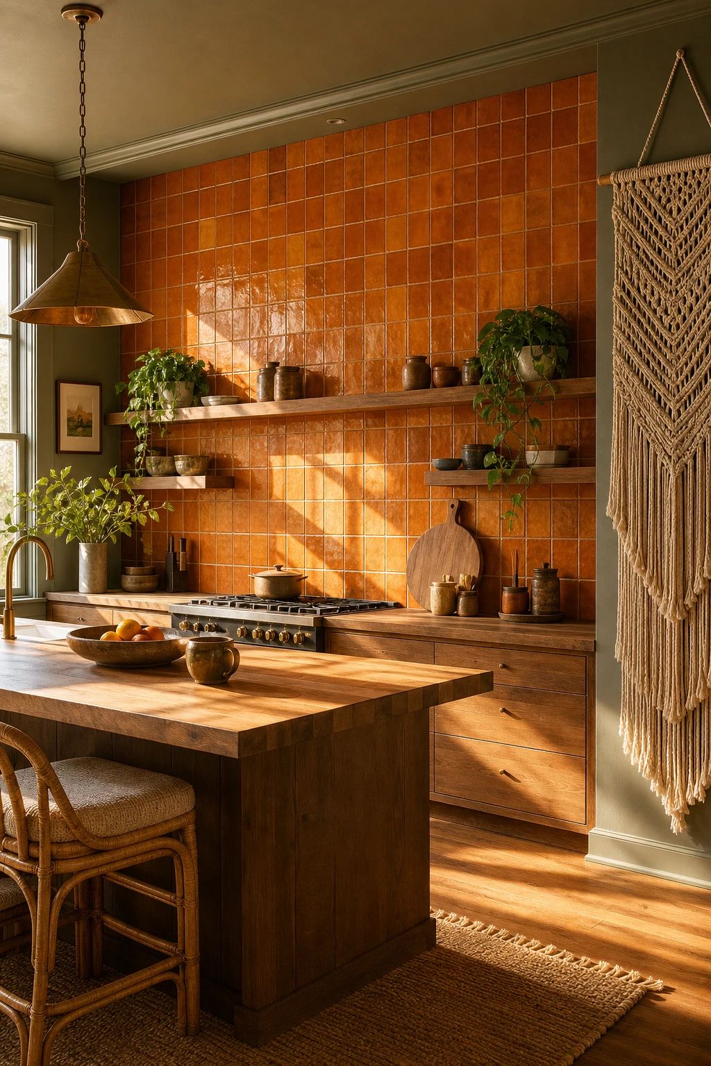 70s boho kitchen with floor to ceiling orange tile wall, rattan barstools, open timber shelving, hanging macrame, and warm afternoon light
