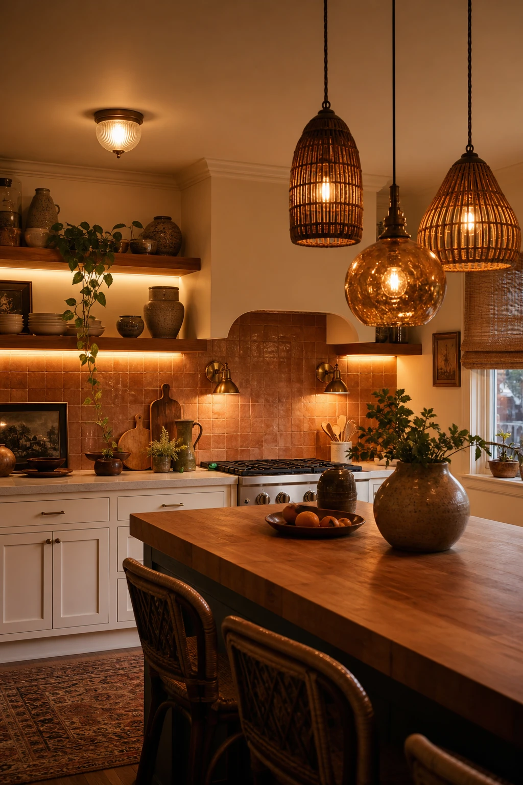 70s boho kitchen with layered lighting including pendant lights, under cabinet strips and ambient wall sconces bathed in warm evening glow on Dorset Cream walls