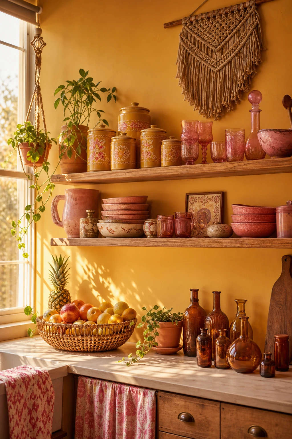 70s boho kitchen with pink and yellow decor accessories including ceramic vessels, woven baskets, and retro glassware on open shelving with warm afternoon light