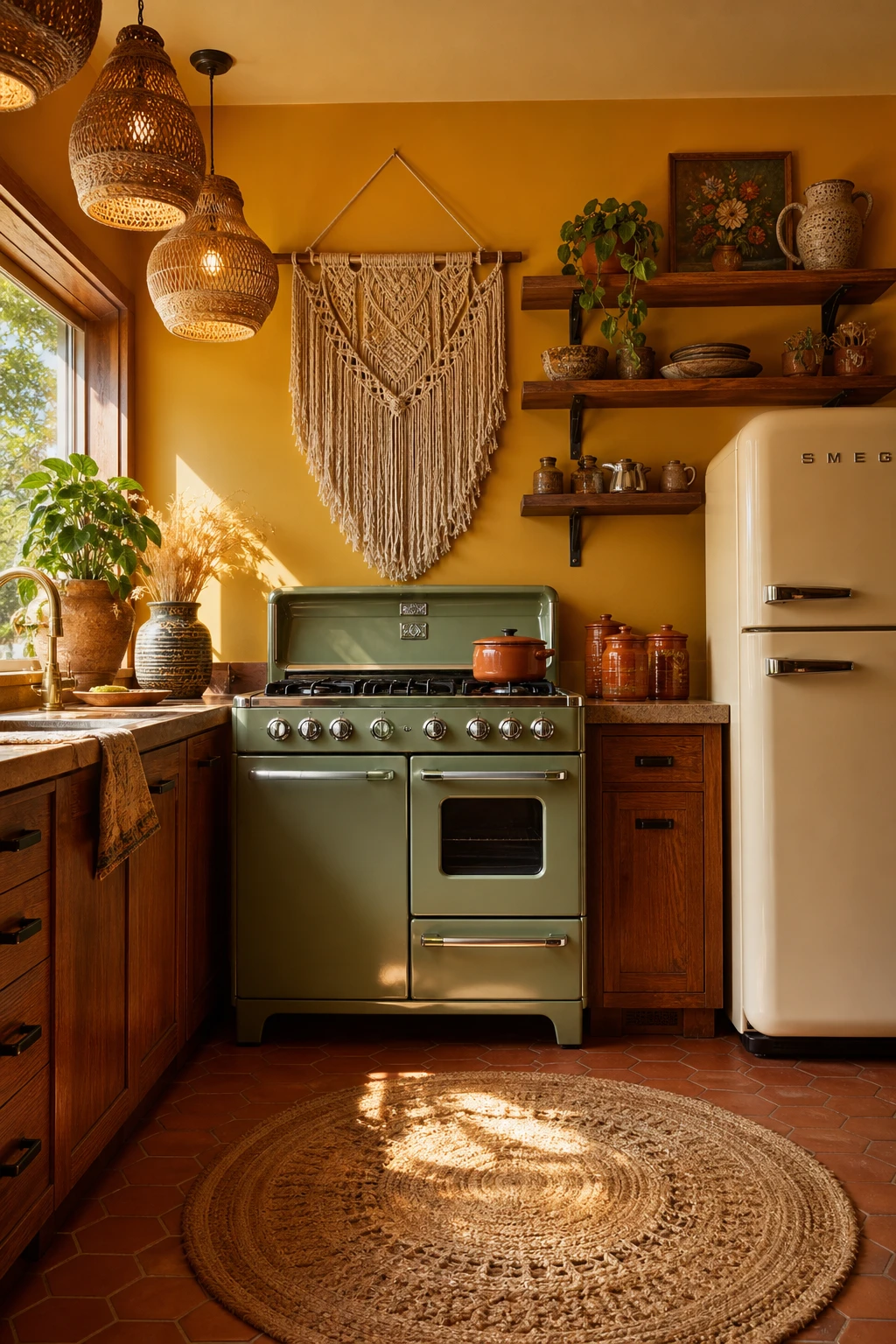 70s boho kitchen with retro coloured appliances as hero focal points, warm Corngold yellow walls, rattan pendants, terracotta tiles and macrame accents