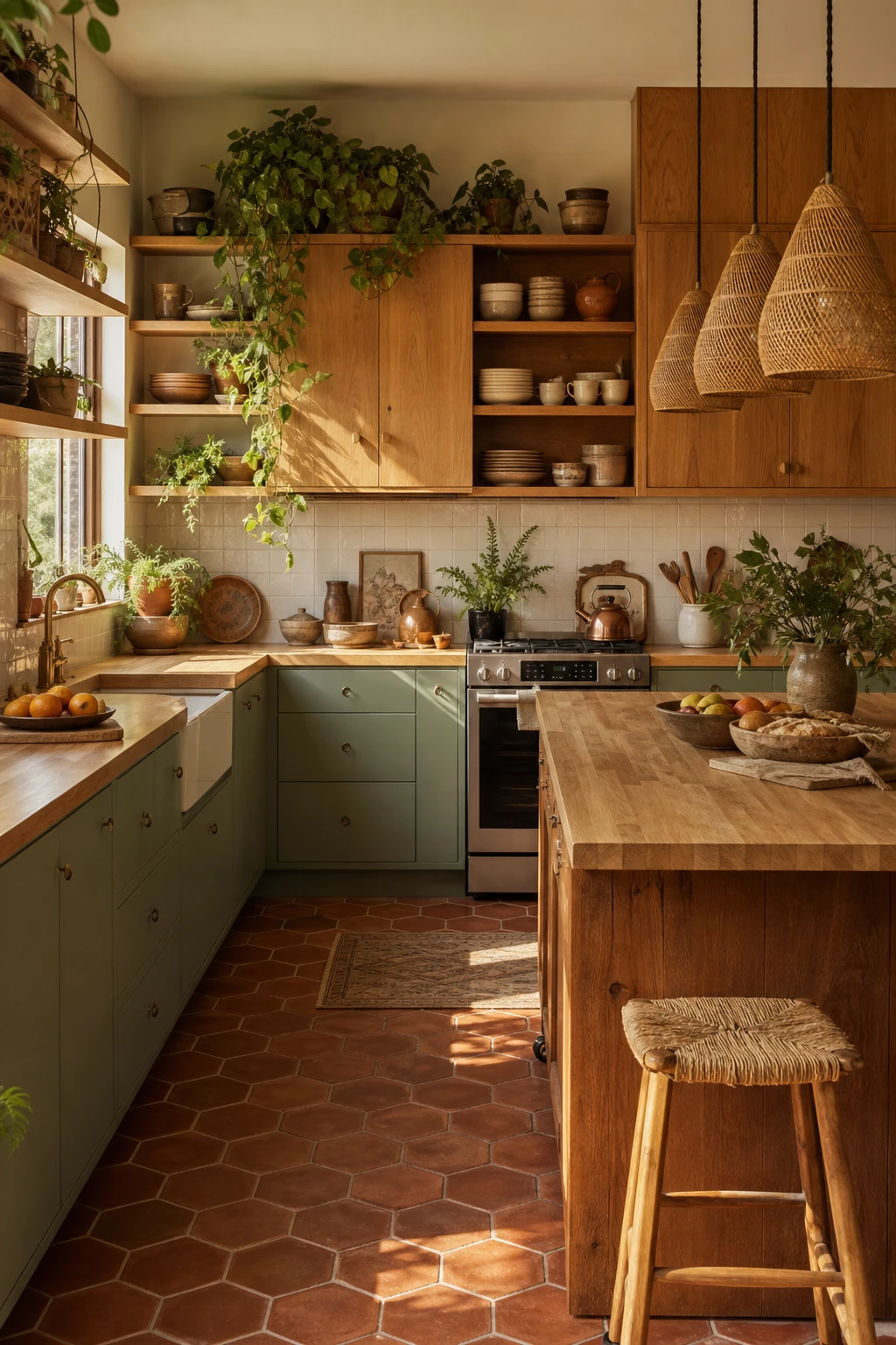 70s boho kitchen with sage green lower cabinets, warm oak upper cabinets, rattan pendants, terracotta tiles, and soft morning light from a side window