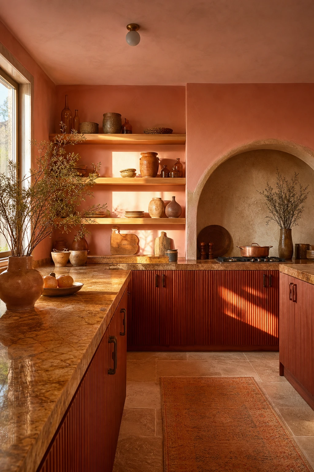 70s boho kitchen with sunset colour theme moving from warm terracotta walls through amber worktop to deep rust cabinetry in soft evening light