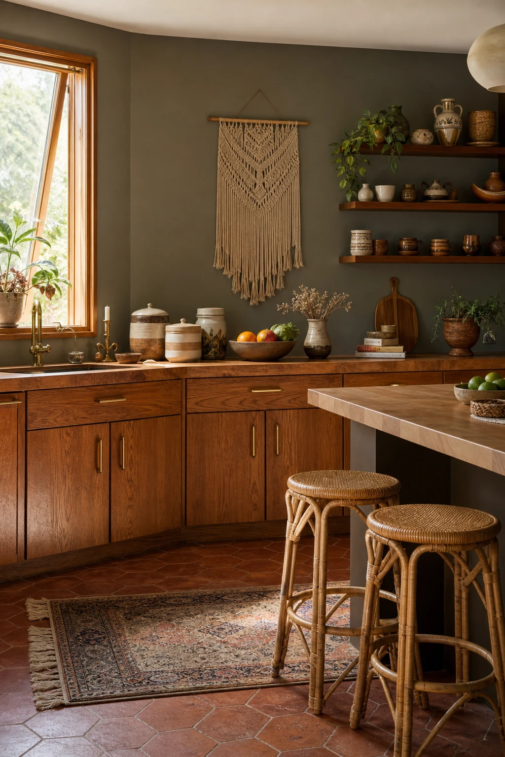 70s boho kitchen with warm honey toned retro wood cabinets, rattan bar stools, terracotta tile floor, macrame wall hanging and Farrow and Ball London Clay painted walls