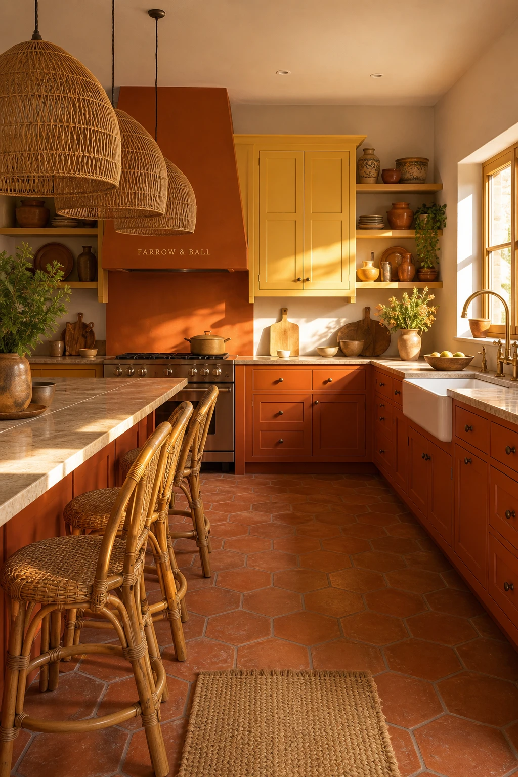 70s boho kitchen with yellow to orange gradient cabinets and walls, rattan pendants, terracotta tiles, and warm afternoon light creating a sunset colour story