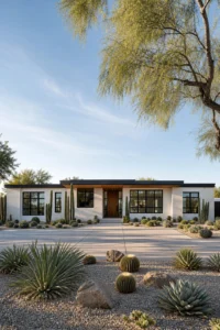Black and white modern ranch exterior with flat roof, black steel windows, white brick and stucco, and desert landscaping