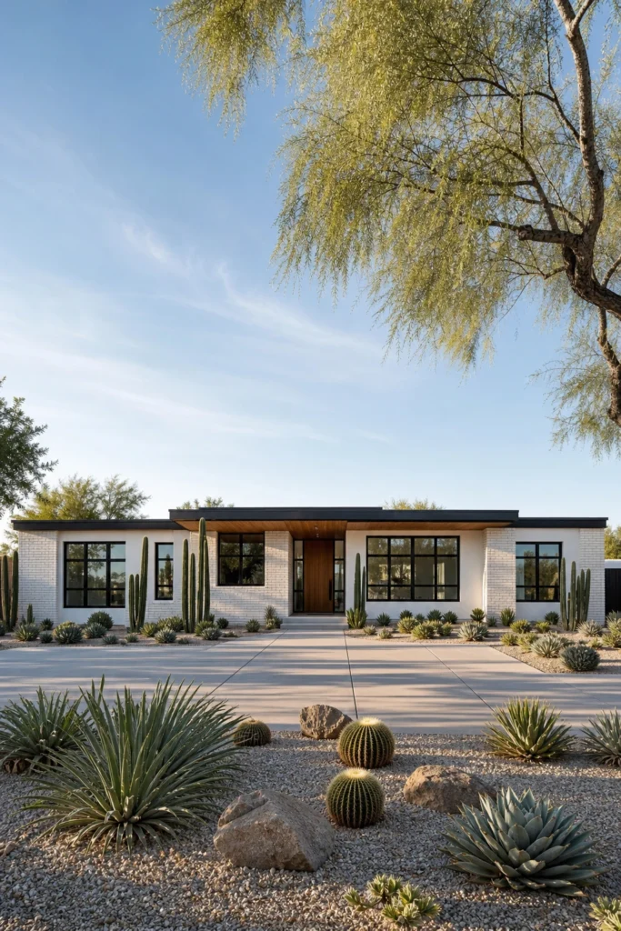 Black and white modern ranch exterior with flat roof, black steel windows, white brick and stucco, and desert landscaping