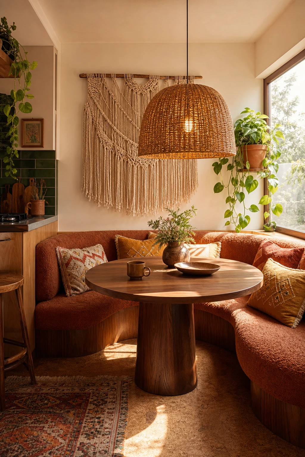 A 70s boho kitchen breakfast nook with curved banquette seating, rattan pendant light, macrame wall hanging, and Farrow and Ball Bisque painted walls