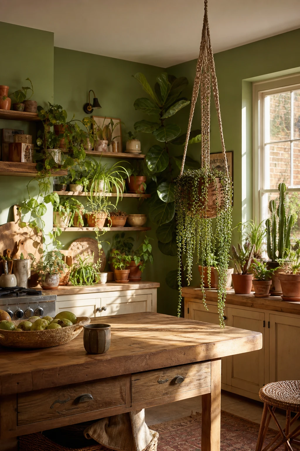 A 70s boho kitchen filled with cascading and potted plants in terracotta and woven planters, warm afternoon light, earthy green walls