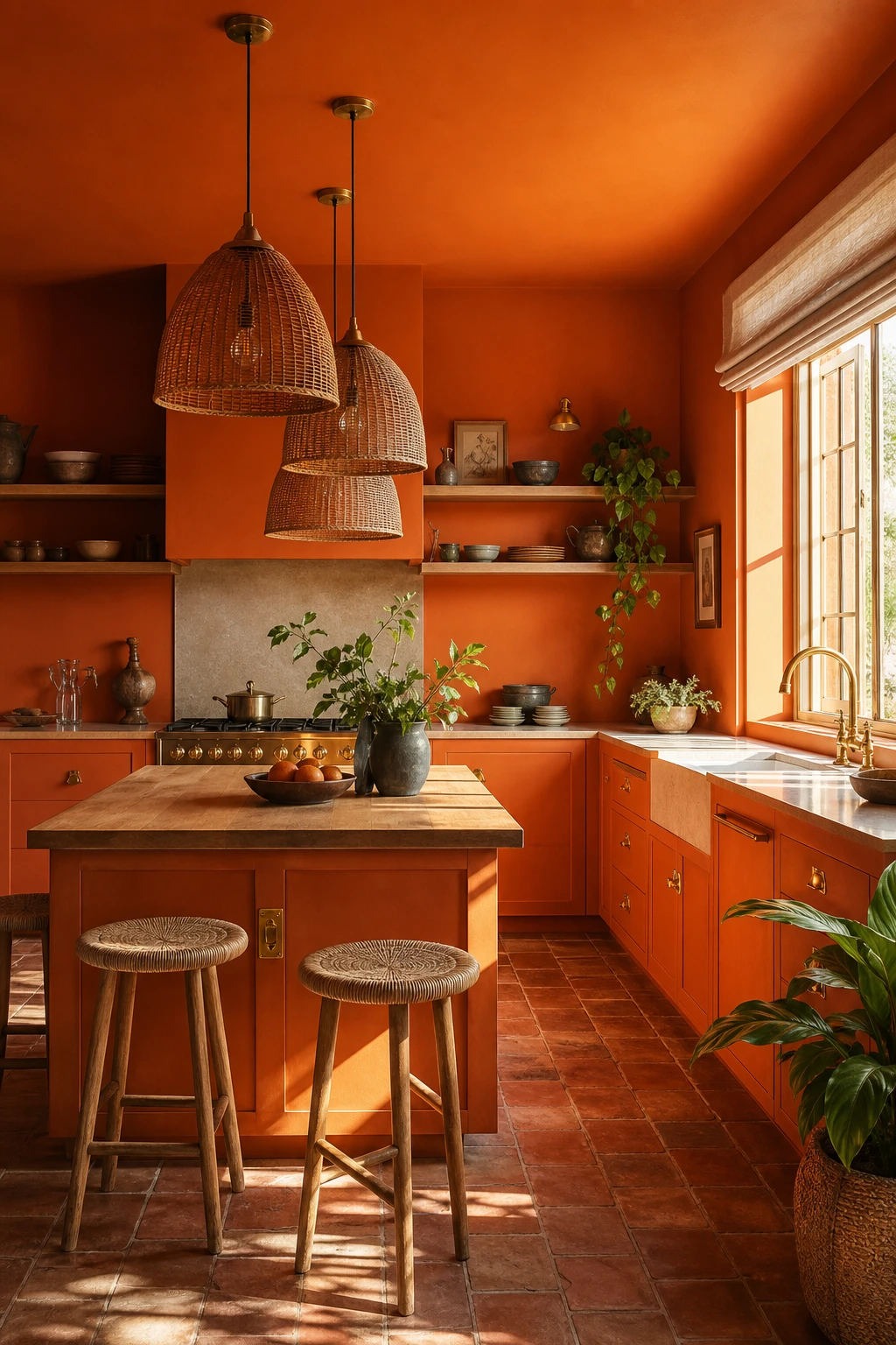 A 70s boho kitchen painted entirely in deep orange with terracotta tiles, rattan pendants, open shelving and warm afternoon light flooding through a large window