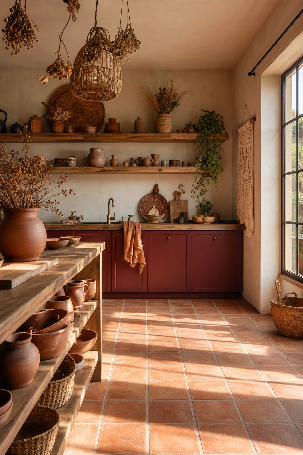 A 70s boho kitchen with terracotta as the hero colour across floor tiles, walls and accessories under warm afternoon light