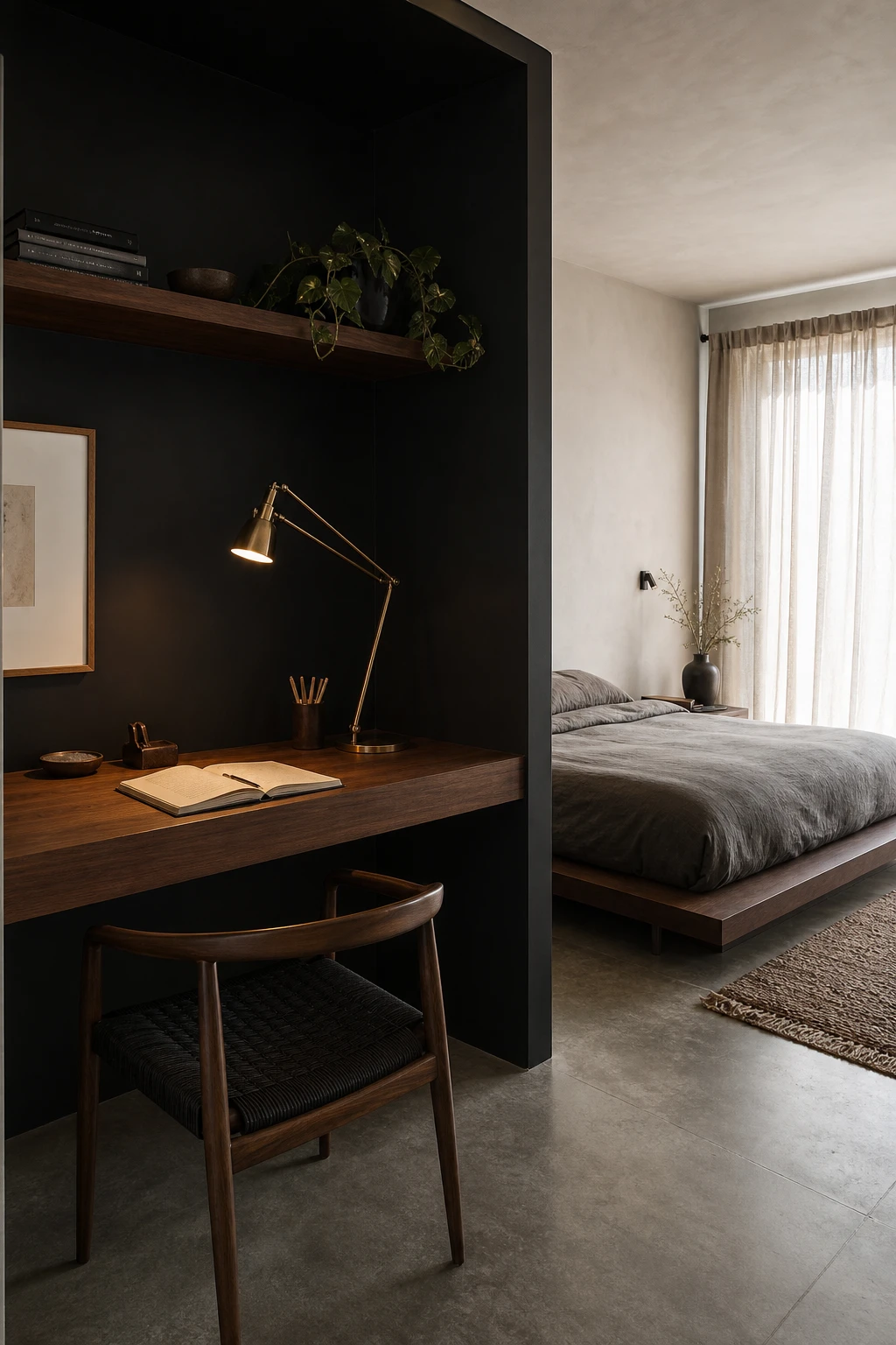 A black minimalist bedroom office nook with a floating desk, slim task lamp, and Bible Black accent wall visually separating the workspace from the sleeping area.