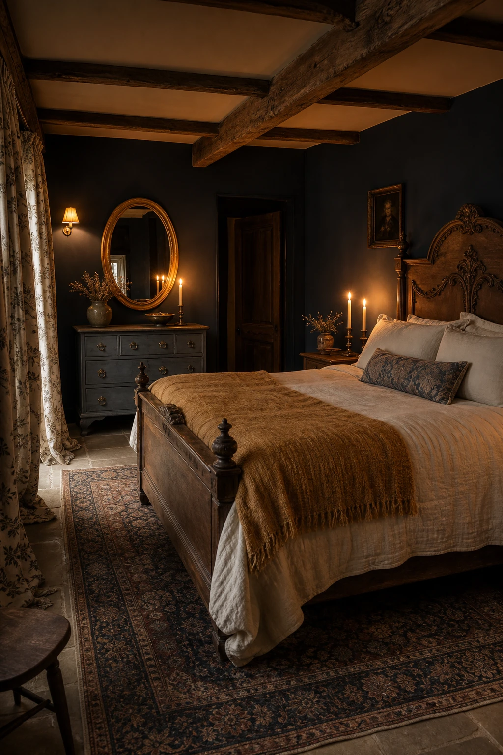 A Blue English Country Bedroom with navy walls, aged gold accents and warm candlelight creating a dramatic yet inviting atmosphere