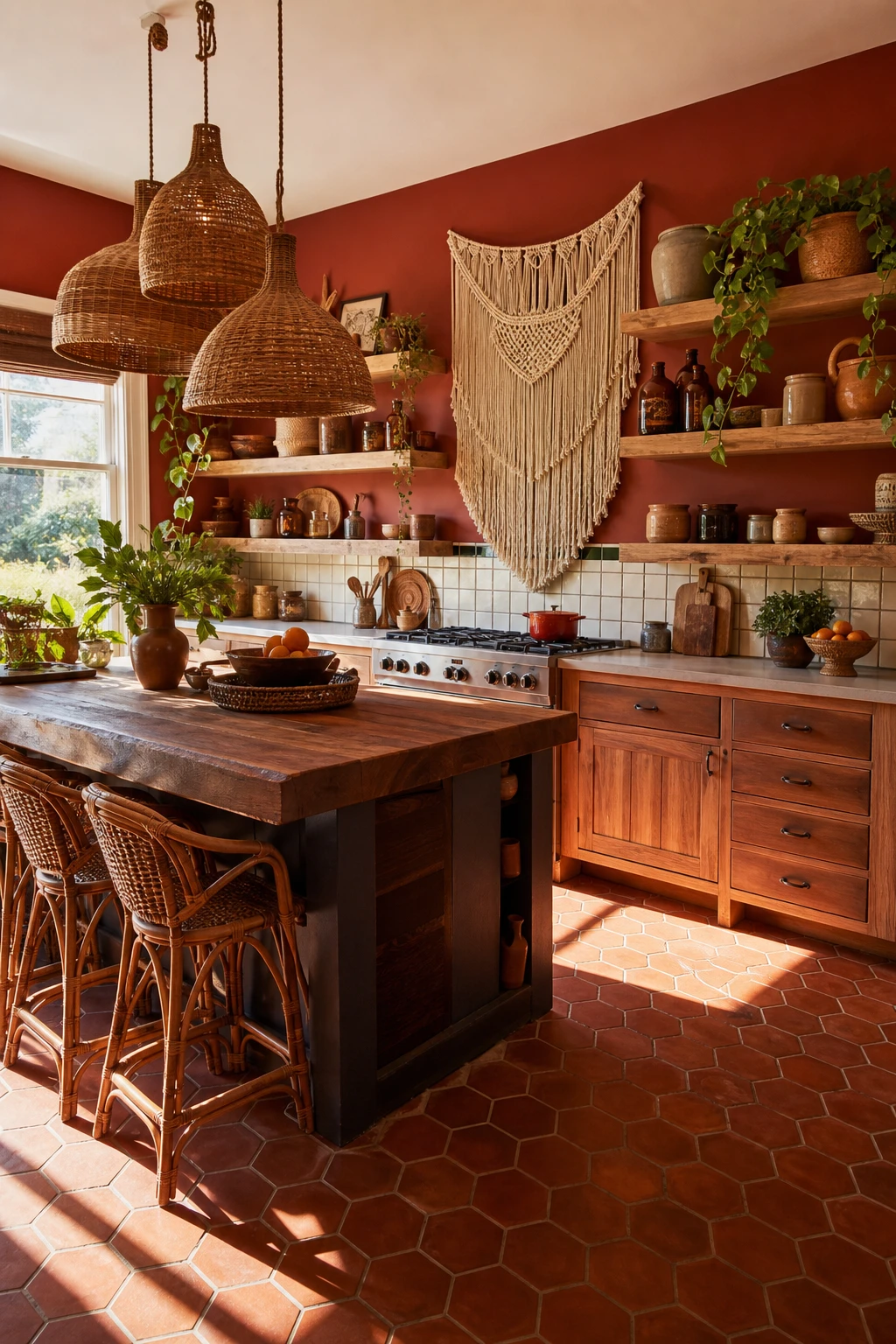 A complete 70s boho kitchen with Fox Red walls, rattan pendants, terracotta tiles, macrame wall hanging, open timber shelves and woven stools at a butcher block island