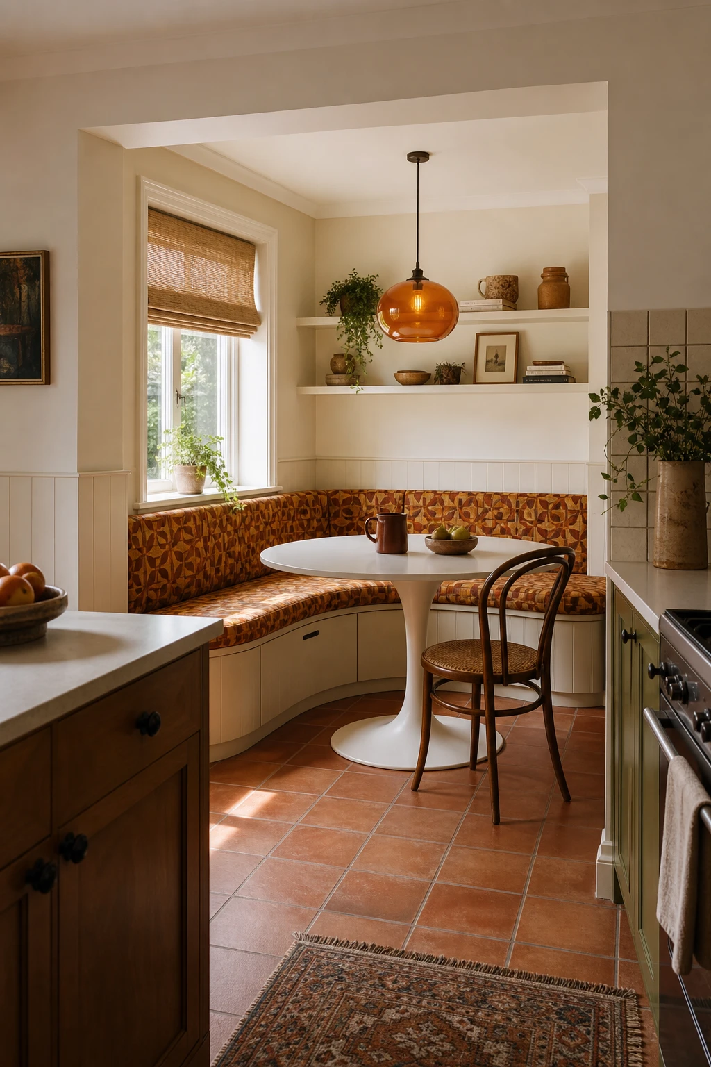 A cosy 70s style small kitchen breakfast nook with built in banquette seating, warm Double Cream painted walls, and a round pedestal table by a window