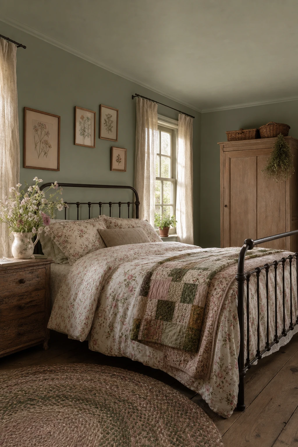 A cottage bedroom anchored in deep green with floral bedding, vintage wooden furniture, linen curtains, and soft morning light through small paned windows.