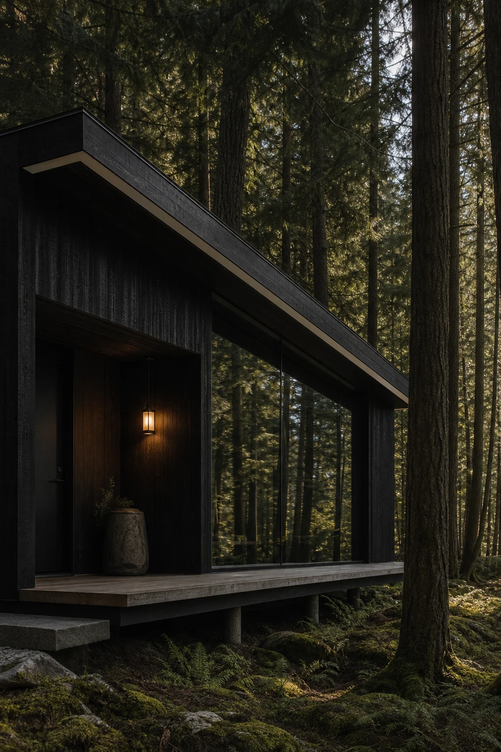 A dark lake house exterior with a black cabin nestled in dense forest, charred timber cladding blending with tree trunks, Farrow & Ball All White trim detail