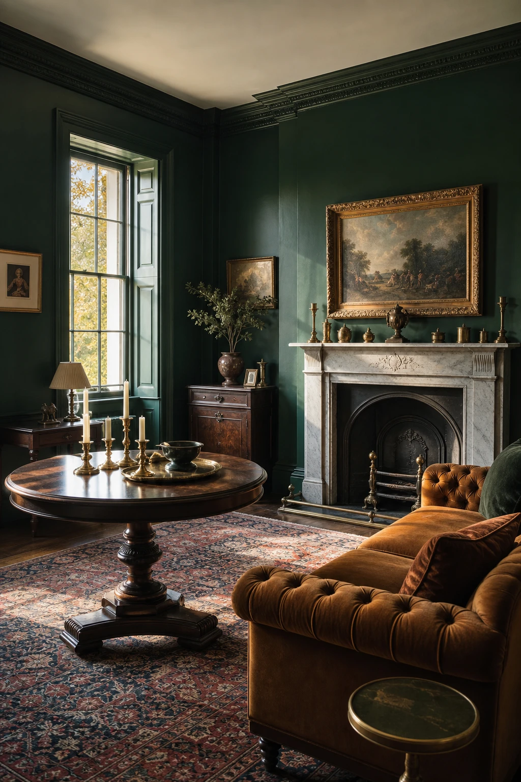 A dramatic English sitting room with deep emerald green painted walls, bold jewel toned upholstery, tall sash windows, brass fittings and rich wood floors