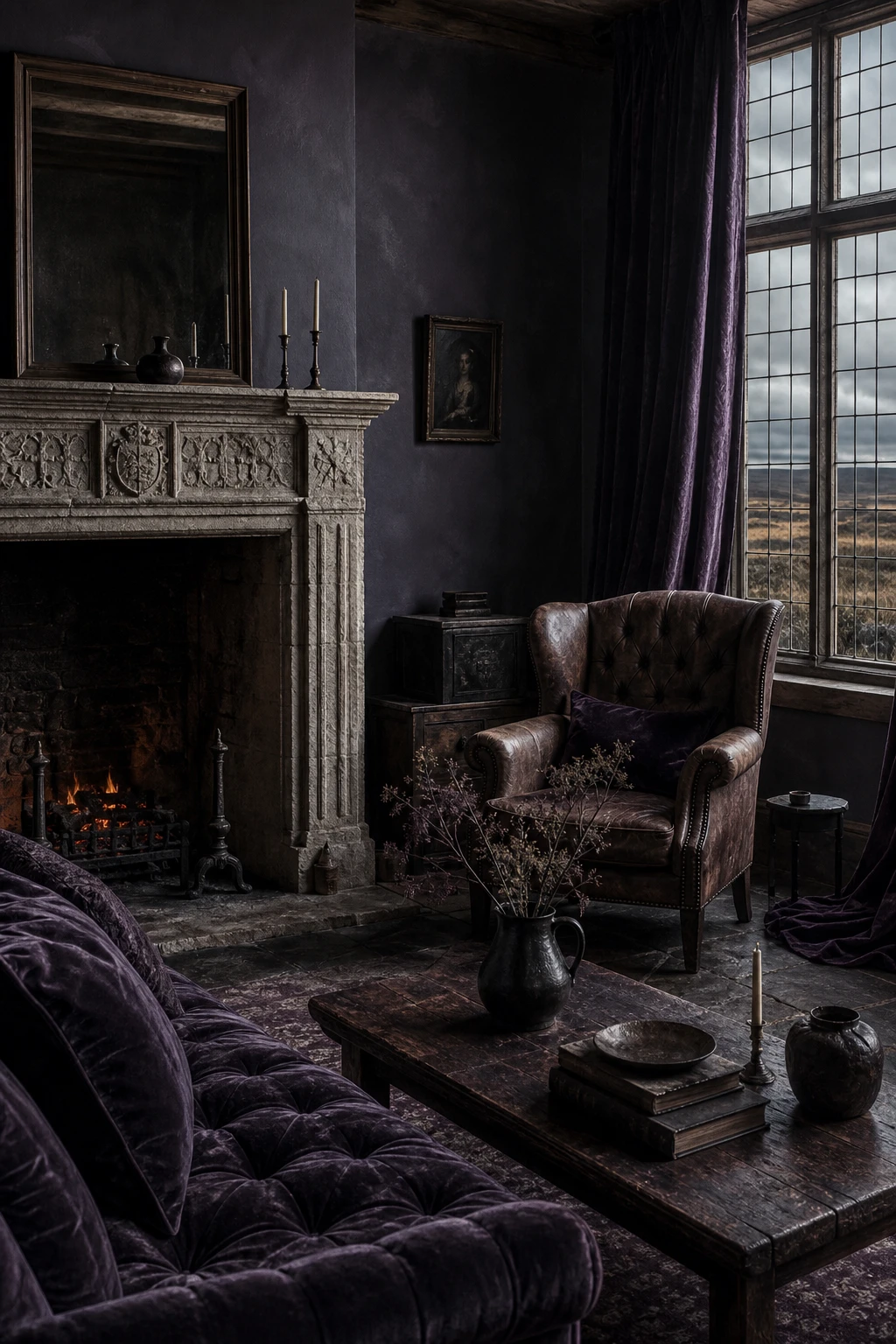 A dramatic English sitting room with Old English color palette featuring storm grey walls, deep heather accents, and moody Wuthering Heights romantic atmosphere