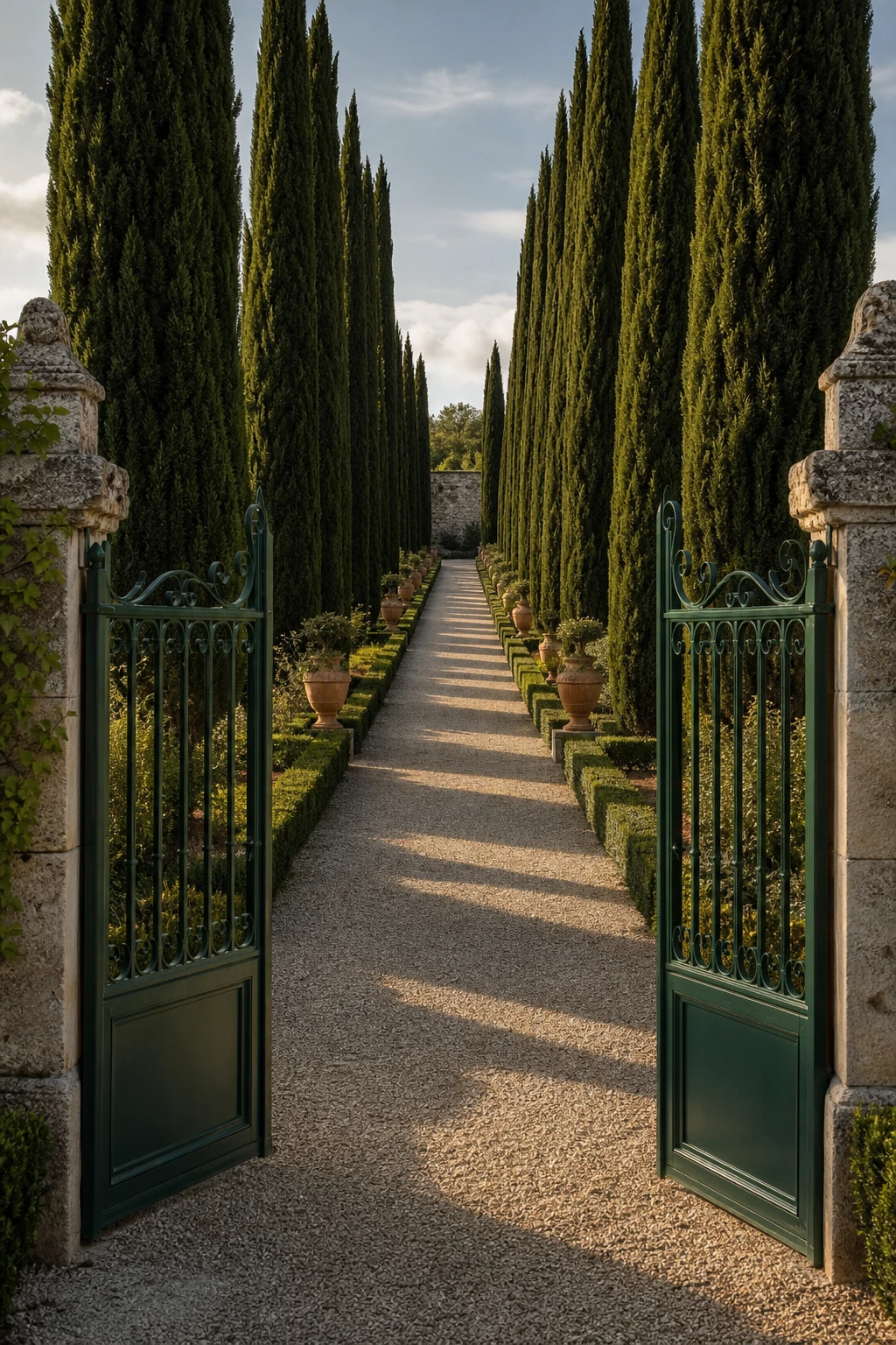 A formal French Provence garden landscape with a cypress tree avenue flanking a stone path, iron gate, gravel ground, and Farrow and Ball Duck Green painted gate