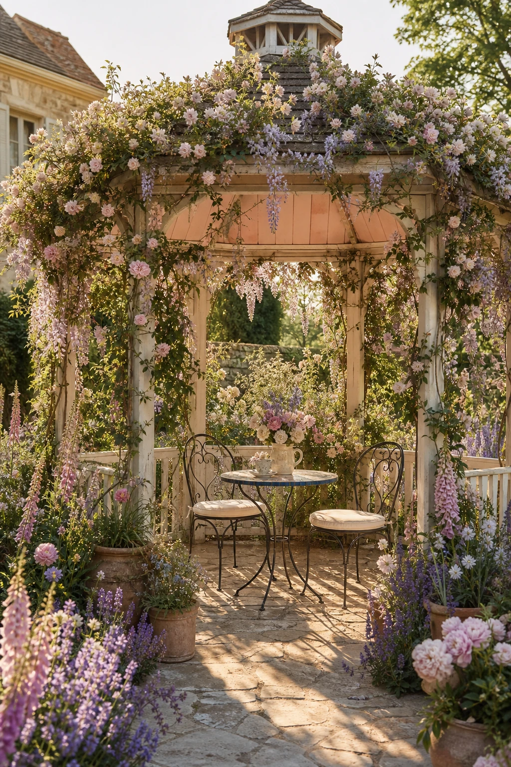 A French country garden patio gazebo smothered in climbing roses and lavender, with Farrow and Ball Nancys Blushes painted interior ceiling and wrought iron bistro furniture inside