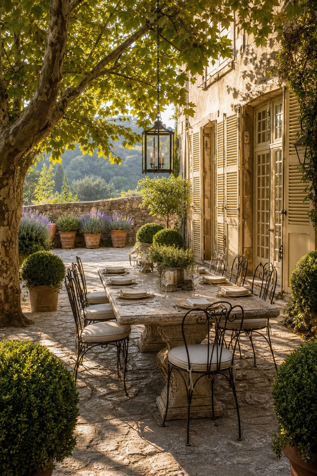 A French Provence garden landscape courtyard dining area with a stone table, wrought iron chairs, lavender borders, and Farrow & Ball Cord painted shutters in warm afternoon light