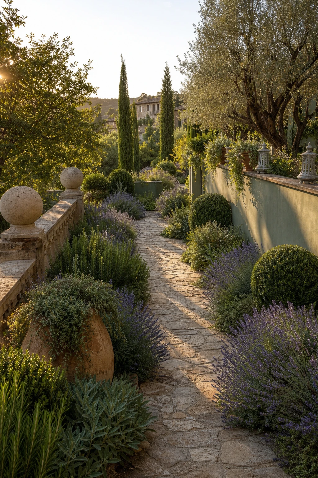 A French Provence garden landscape featuring a herb lined walkway as the hero, flanked by lavender and thyme, with a weathered stone path and aged terracotta pots