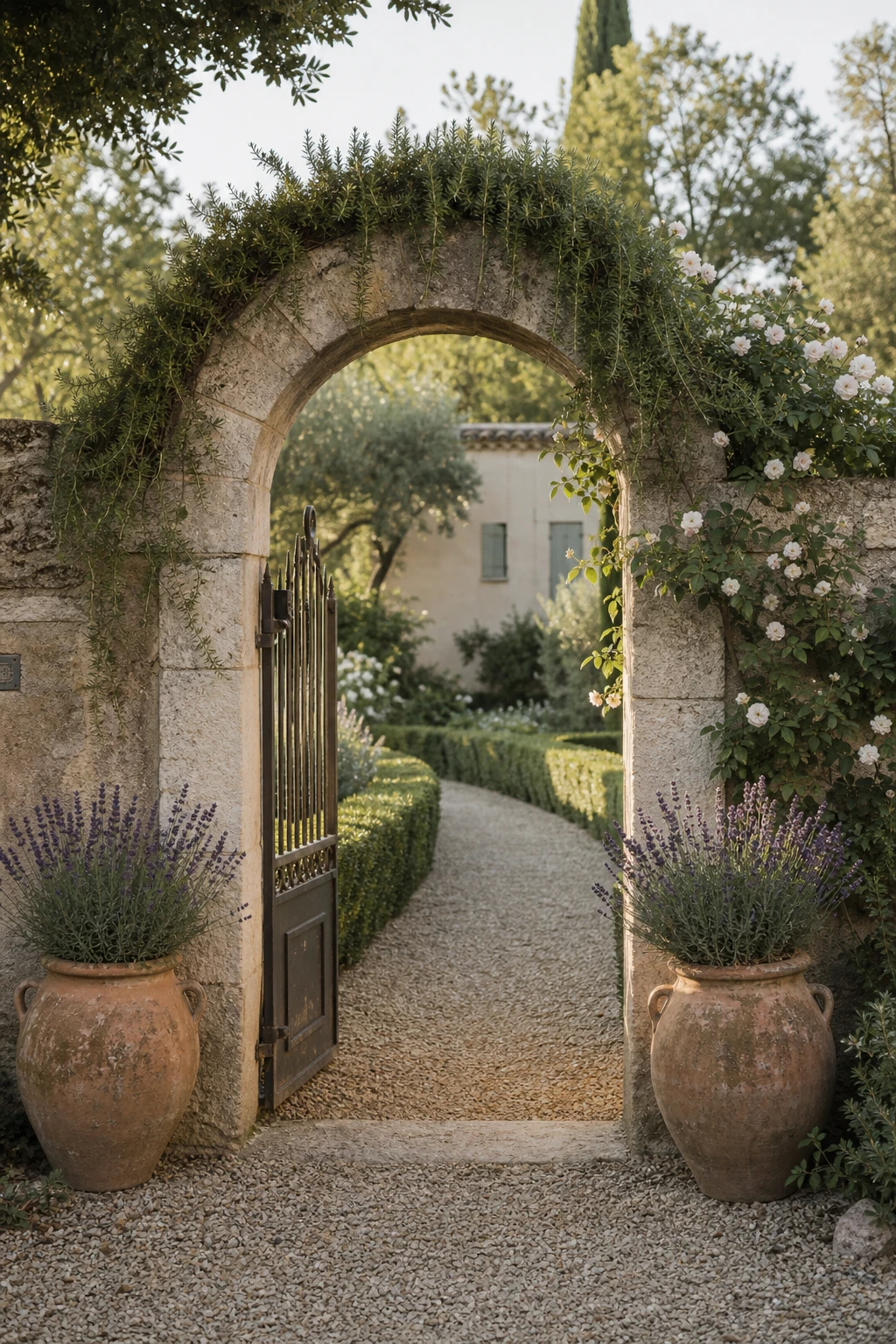 A French Provence garden landscape featuring a stone garden arch framing a secret garden path beyond, soft morning light, warm neutrals