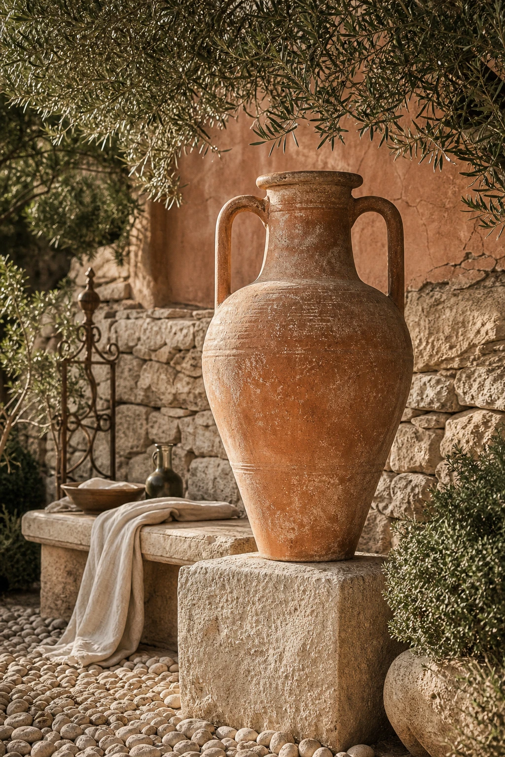 A Greek style garden corner featuring an oversized terracotta amphora vase as a sculptural focal point against a stone wall painted in Farrow & Ball Faded Terracotta