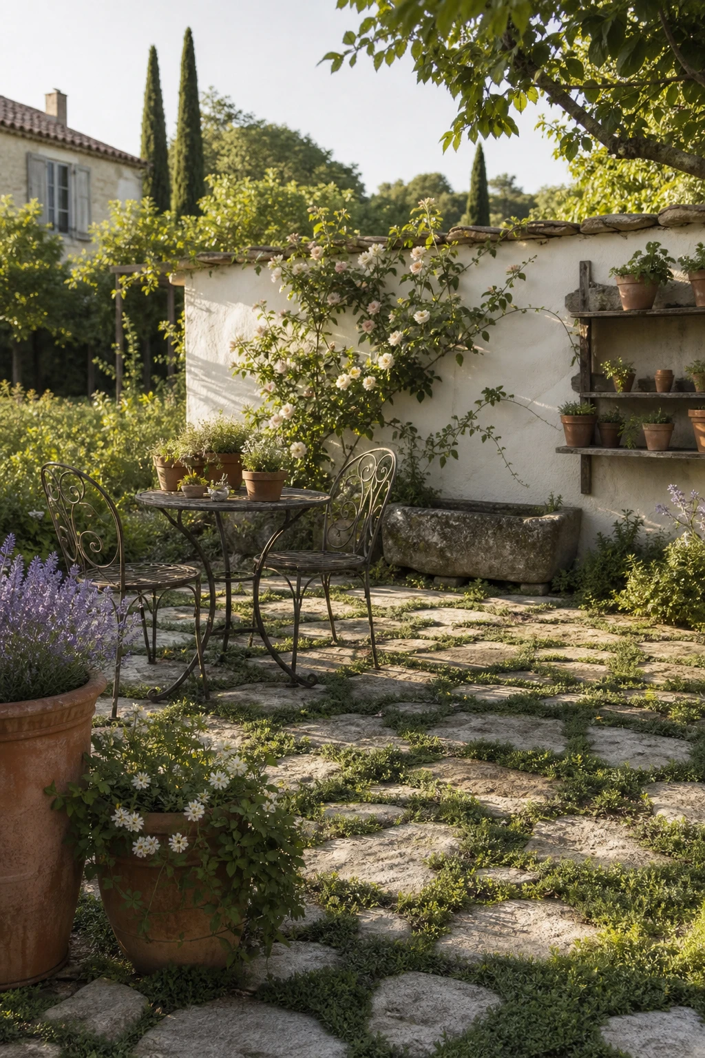 A layered French country garden patio with stone flooring, wrought iron furniture, climbing roses, terracotta pots, and Farrow & Ball Old White painted shutters