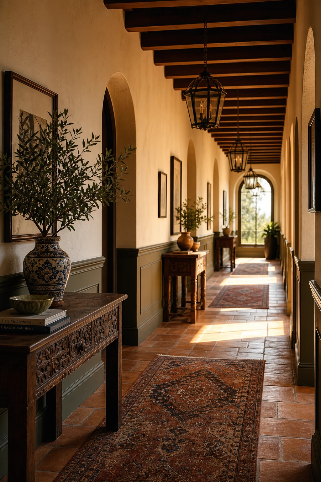 A long Mediterranean hallway corridor with terracotta tile floor, arched openings, layered runner rugs and pendant lanterns lit by warm afternoon light