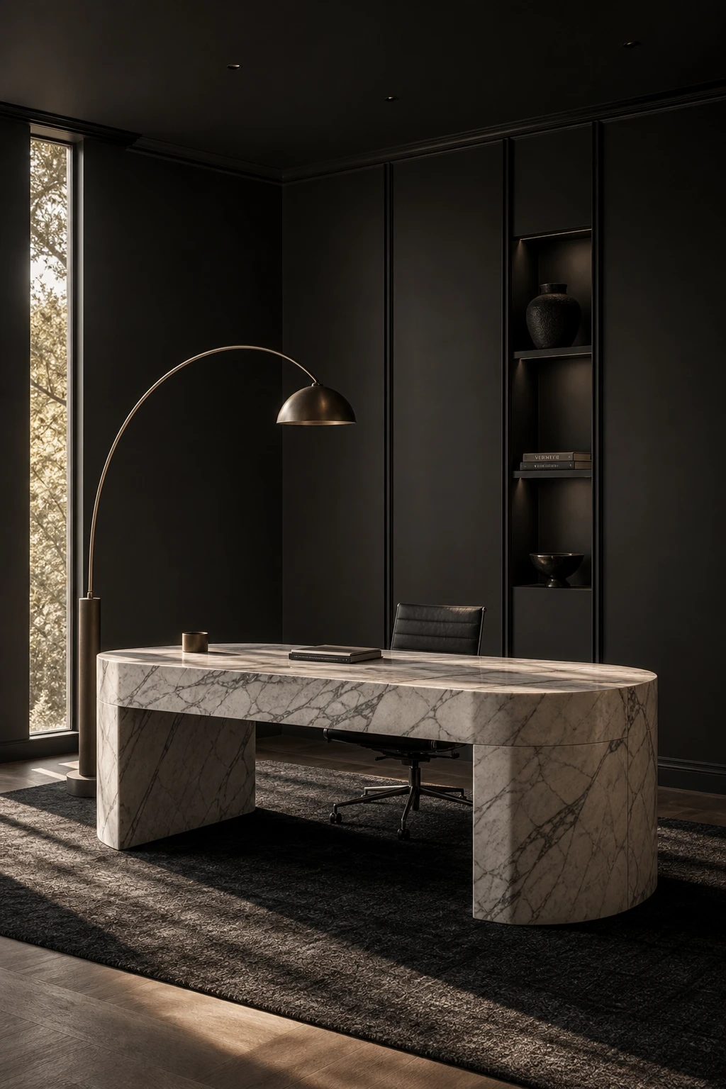 A luxury minimalist black home office with a single sculptural marble desk as the hero, floor to ceiling dark walls, soft side lighting and refined natural materials