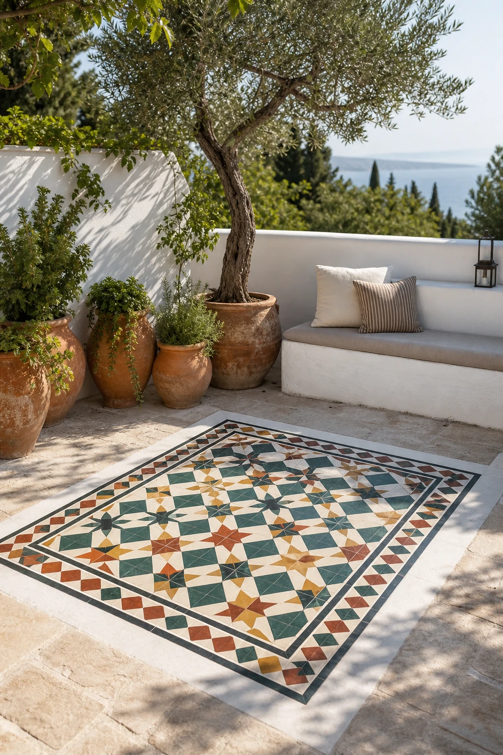 A Mediterranean Greek style garden corner with patterned tiles as the hero feature, whitewashed rendered wall in Strong White, terracotta pots and olive tree.