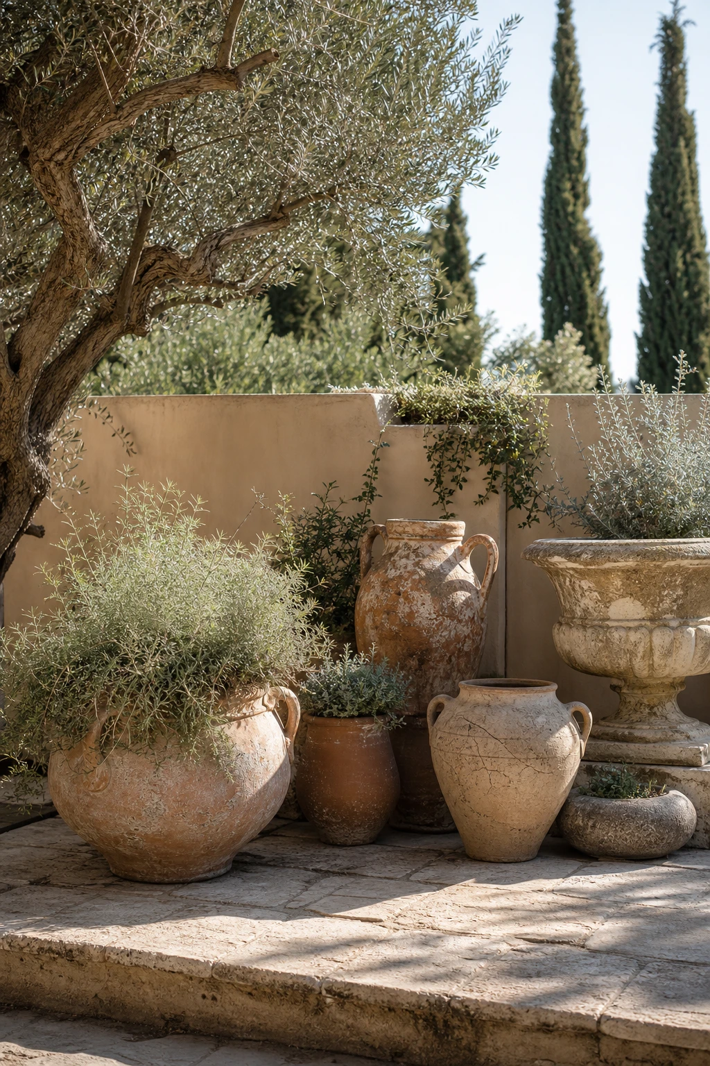 A Mediterranean Greek style garden corner with vintage terracotta and stone pots as hero, showing chipped patina surfaces, trailing herbs, and Farrow & Ball Cord painted rendered wall
