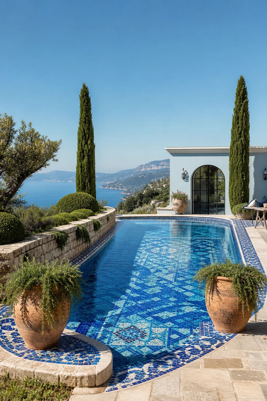 A Mediterranean Greek style garden with a mosaic pool as the hero, surrounded by carved stone terracing, terracotta urns, cypress trees, and Borrowed Light painted pool house walls